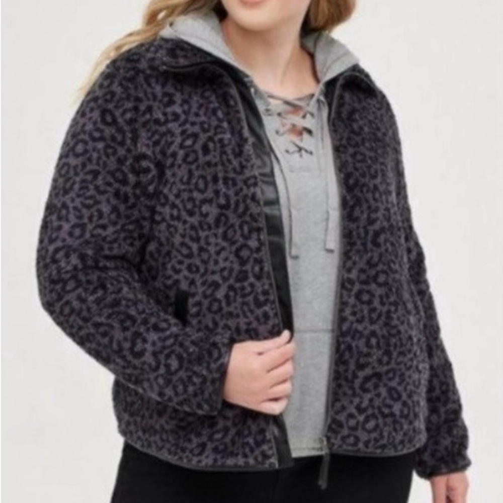 torrid Faux Fur Leopard Print Coat Bomber Jacket Gray Warm Animal Print Gray
